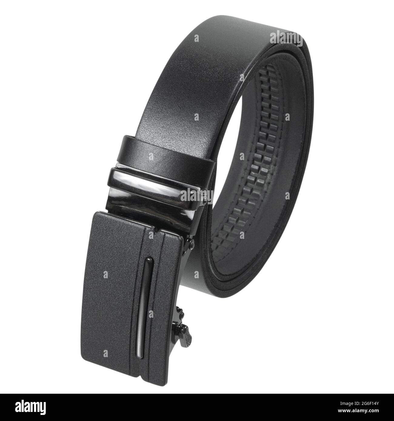 Twisted black leather belt isolated on white background. Mens clothing accessory Stock Photo