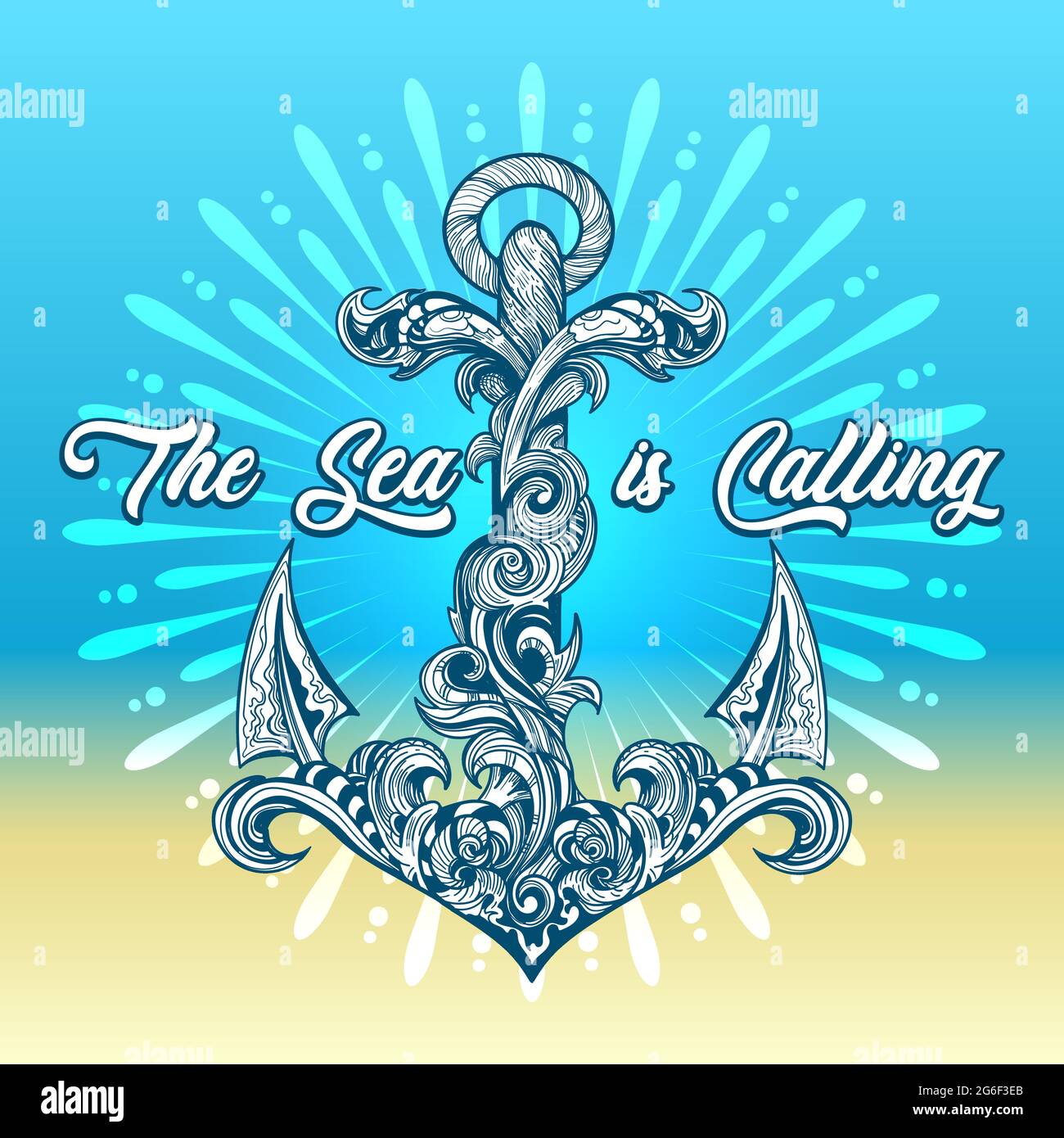 Ship Anchor Emblem with lettering The Sea is Calling drawn in Vintage style. Vector illustration. Stock Vector