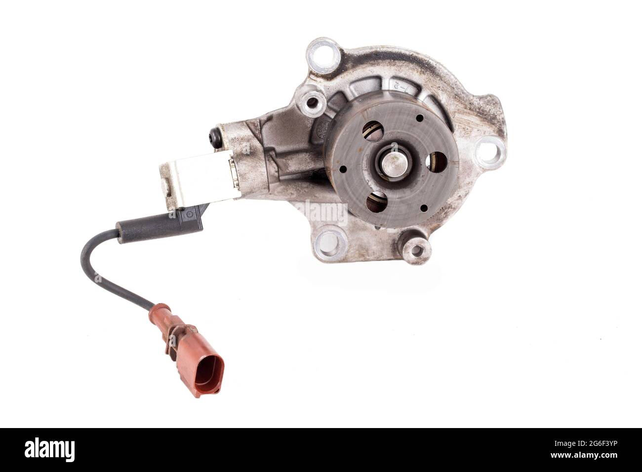 Modern car water pump with coolant temperature gauge on white