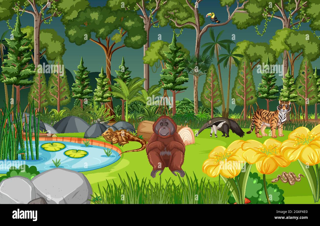 Forest scene with different wild animals illustration Stock Vector ...
