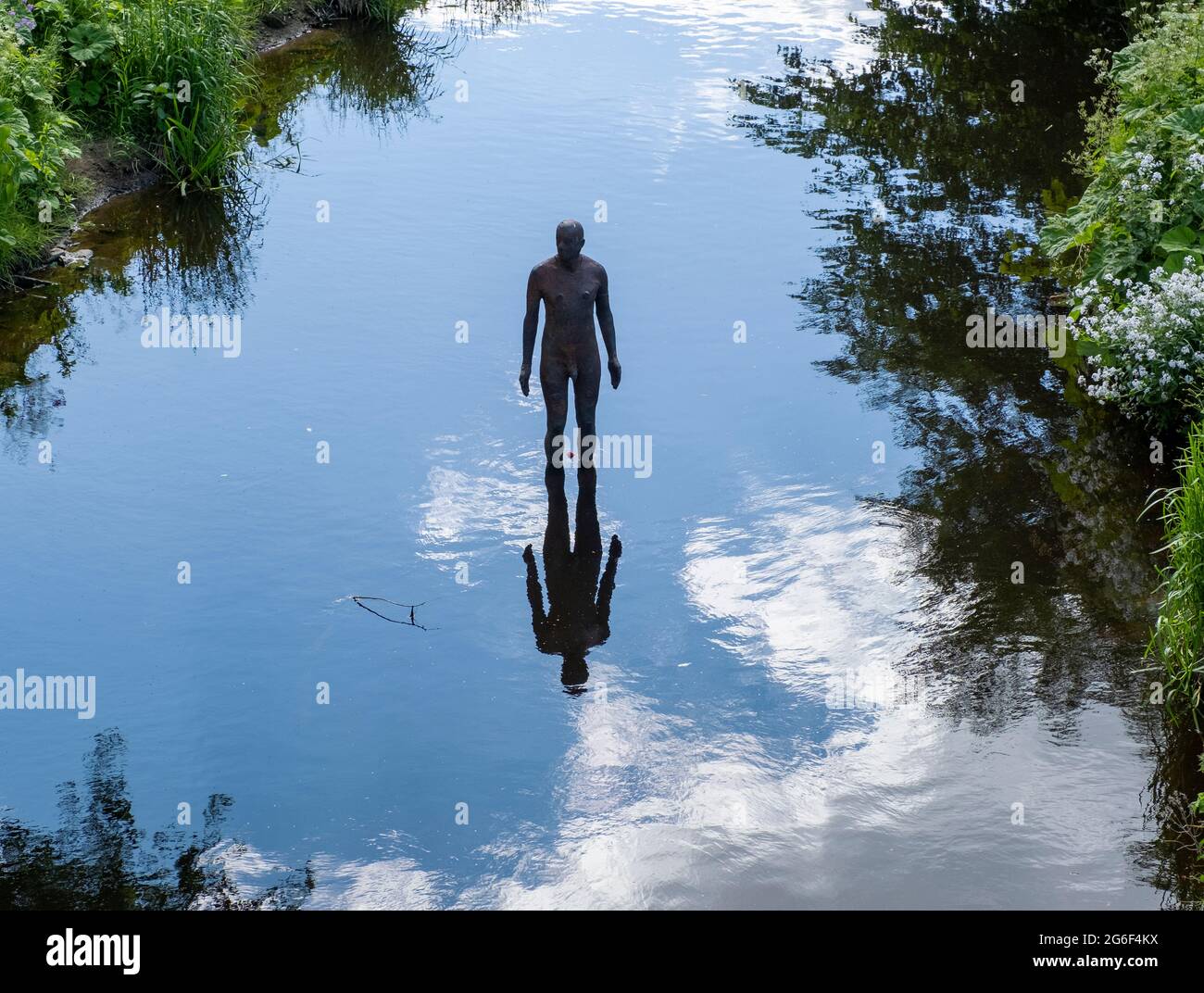 Antony Gormley sculpture in the Water of Leith at Canonmills, Edinburgh. Stock Photo