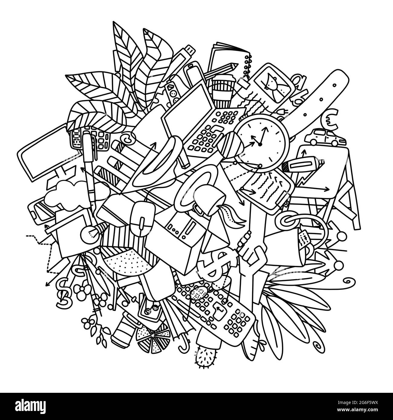 Business office theme. Doodle with a lot of office equipment. Stock Photo
