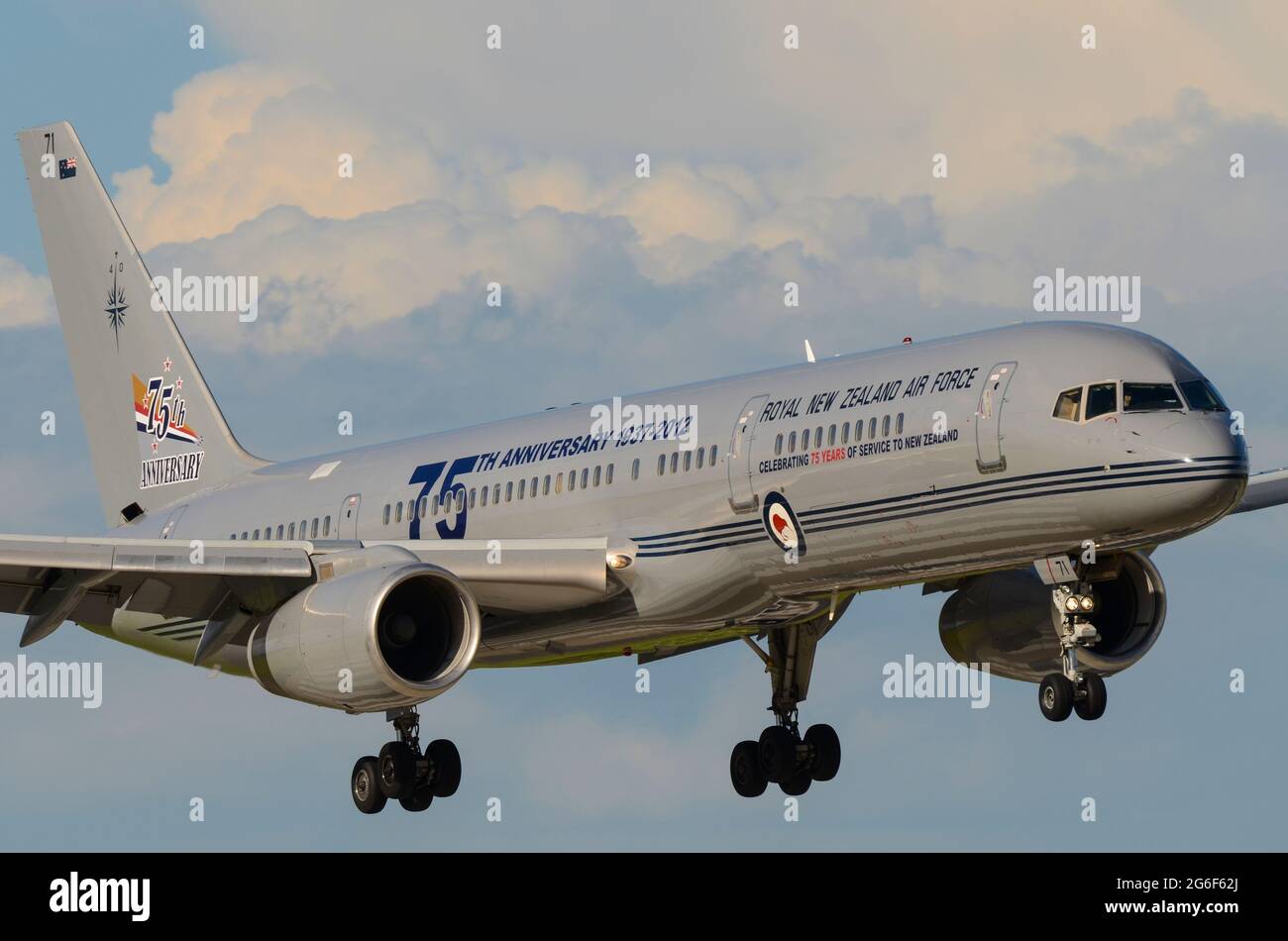 Royal New Zealand Air Force RNZAF Boeing 757 jet plane aircraft with special 75th anniversary paint scheme, 1937-2012. VIP transport plane NZ7571 Stock Photo