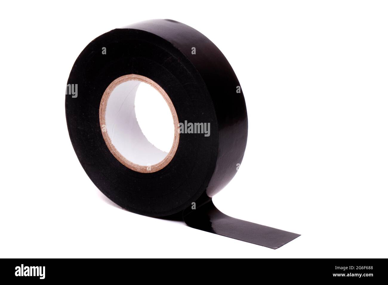 Close up view of a roll of black insulating adhesive tape isolated on a white background. Stock Photo