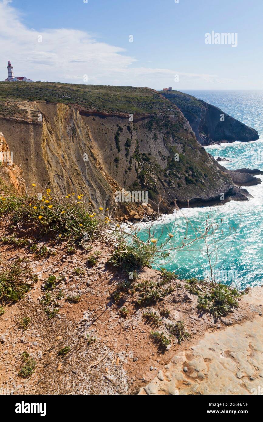 View of the beautiful lighthouse of Cape Espichel, Sesimbra, Portugal. Stock Photo