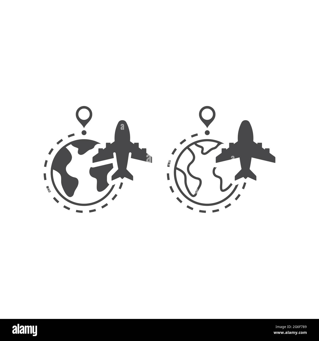 Airplane, globe and dashed line flight route. Commercial flying vector icon with planet earth and location pin. Stock Vector