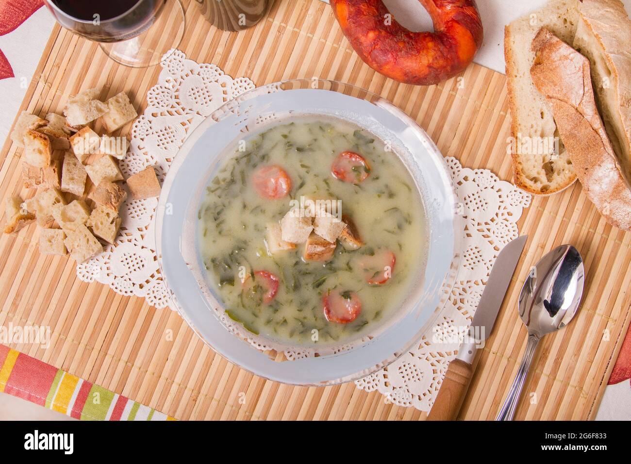 View of a traditional portuguese soup, called Caldo Verde, with green