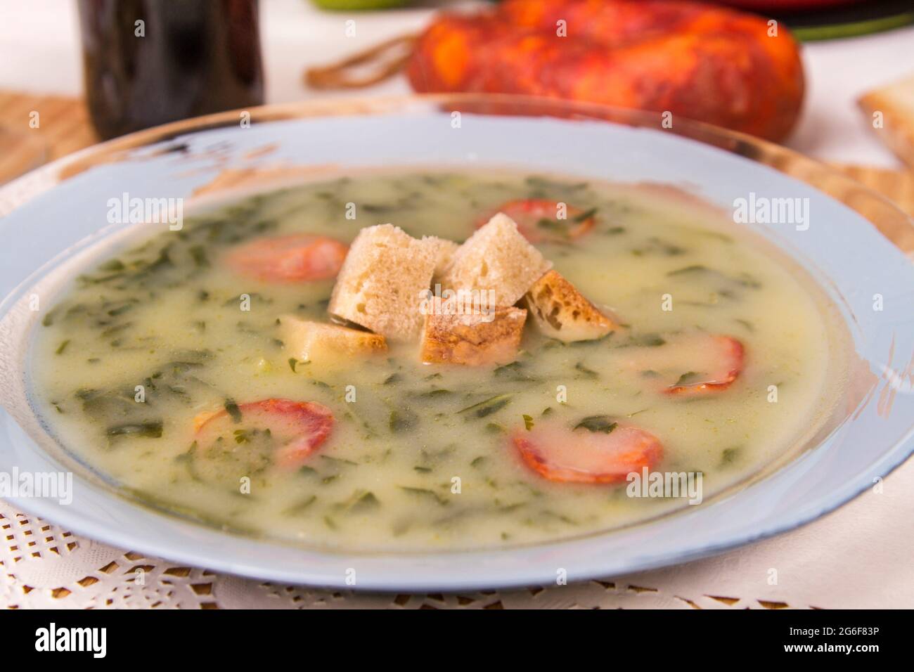 View of a traditional portuguese soup, called Caldo Verde, with green