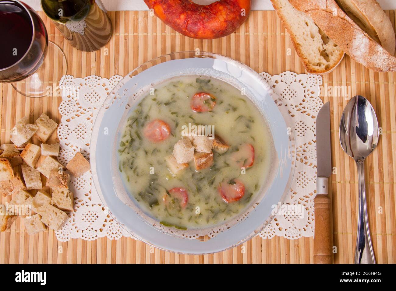 View of a traditional portuguese soup, called Caldo Verde, with green