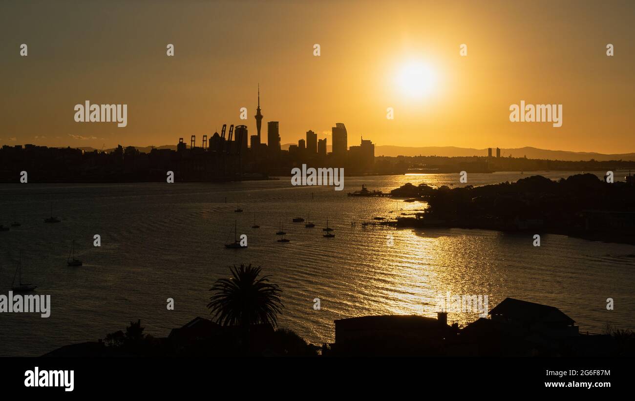 with the sun in the sky, photo taken from North Head in Devonport, North Shore Stock Photo