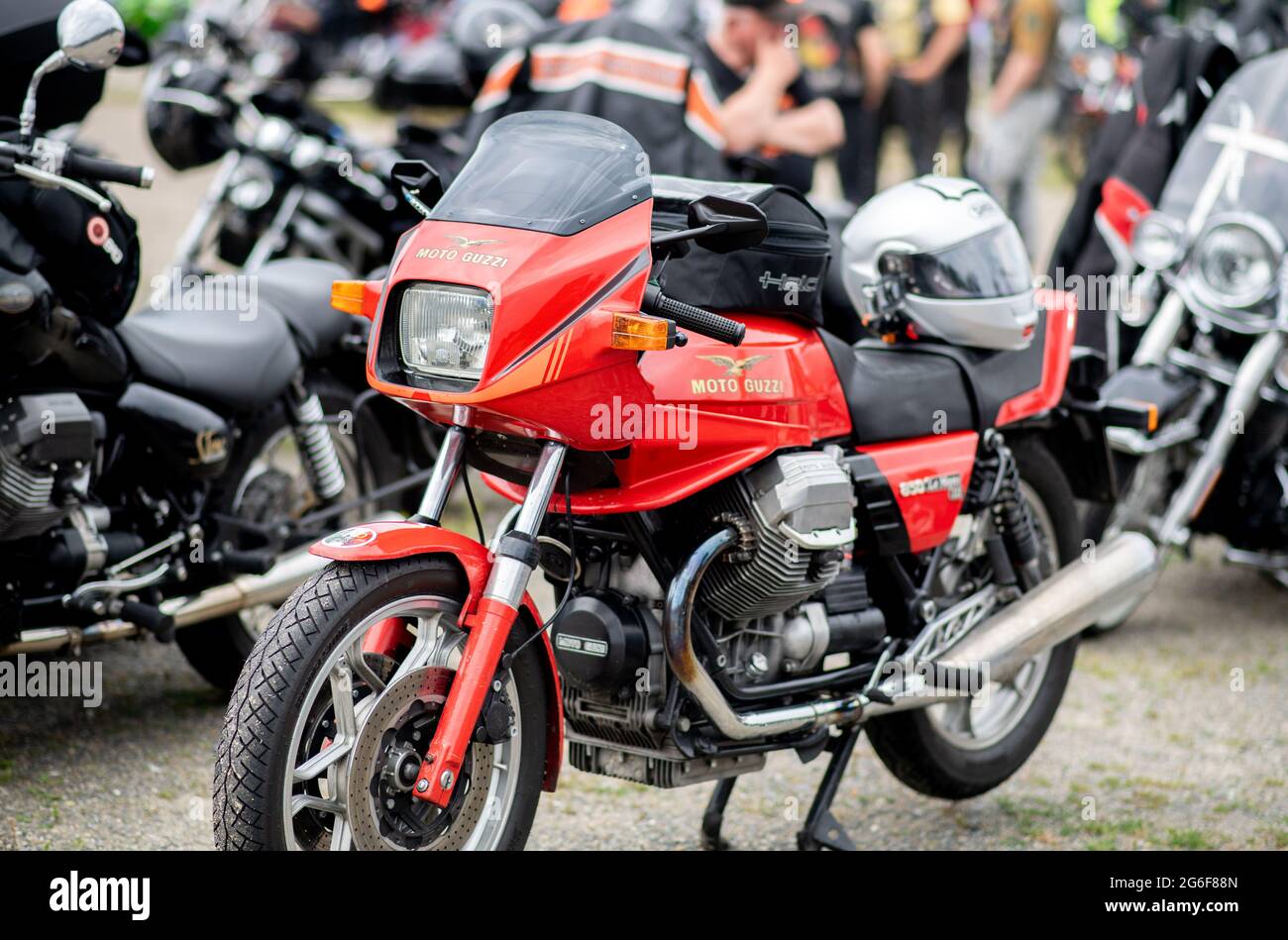 Oldenburg, Germany. 04th July, 2021. A motorcycle of the Italian  manufacturer Moto Guzzi stands during a