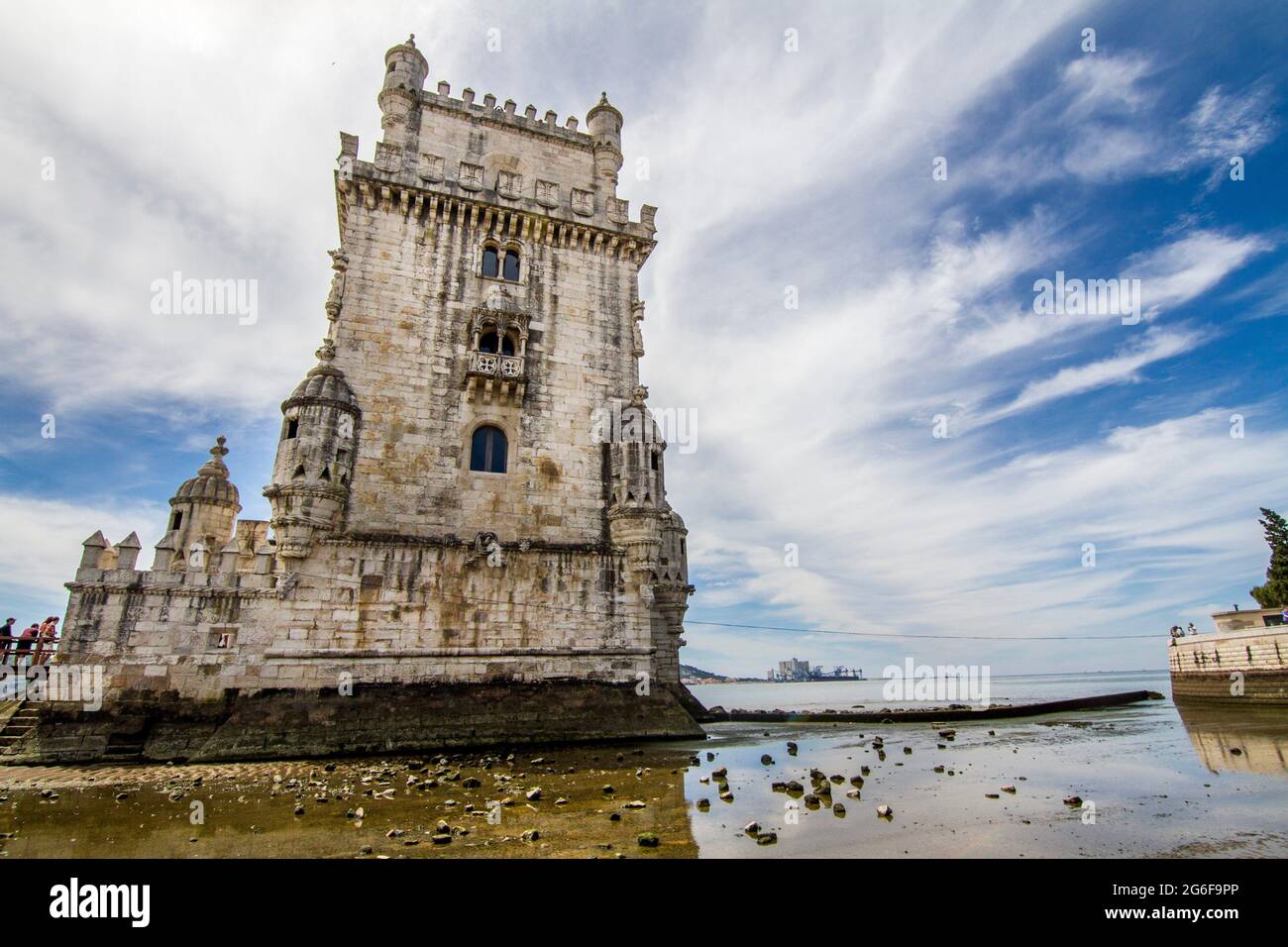 View of the famous landmark, Tower of Belem, located in Lisbon, Portugal. Stock Photo