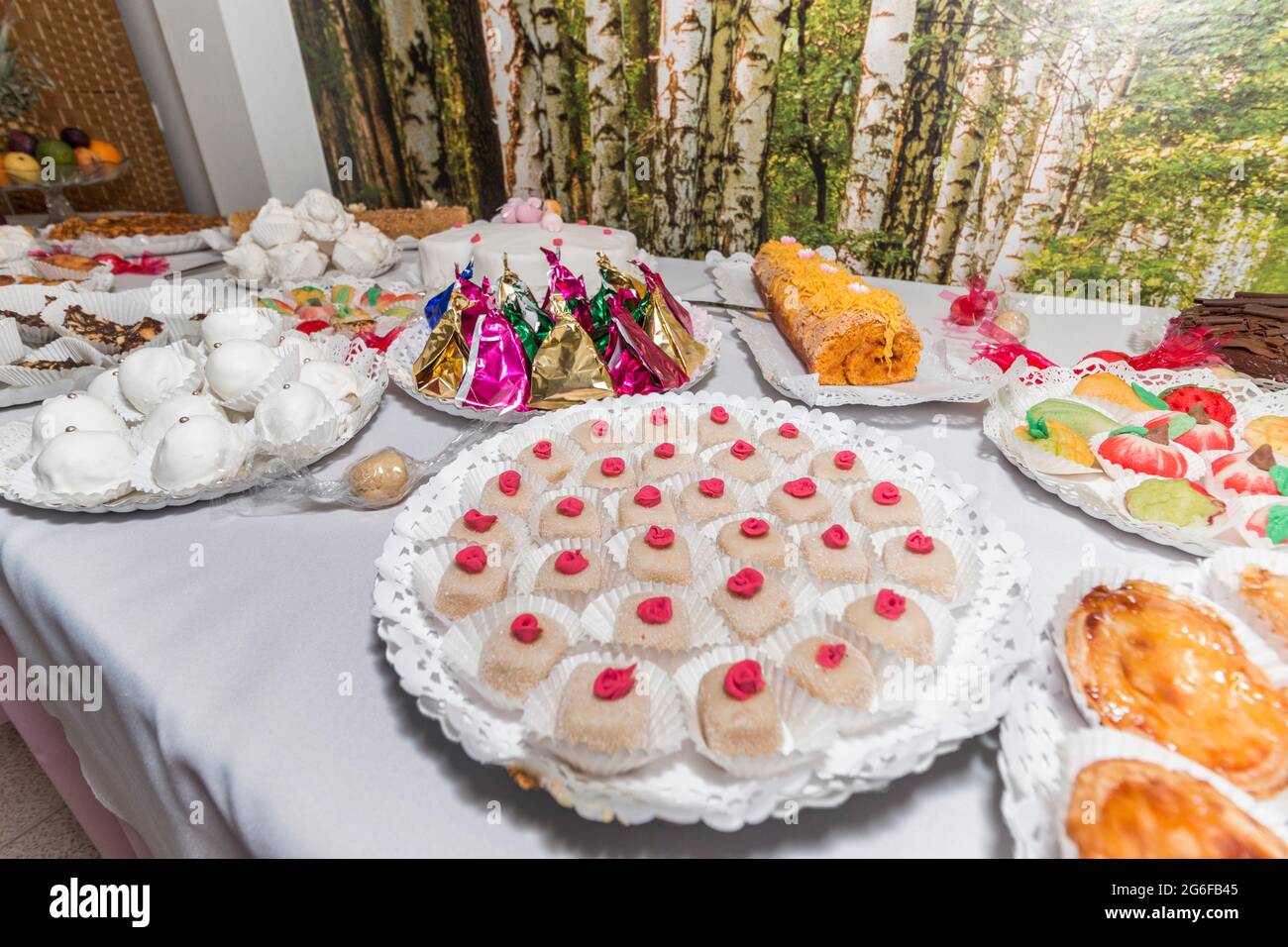 View of a diverse catering table service with lots of Portuguese food. Stock Photo