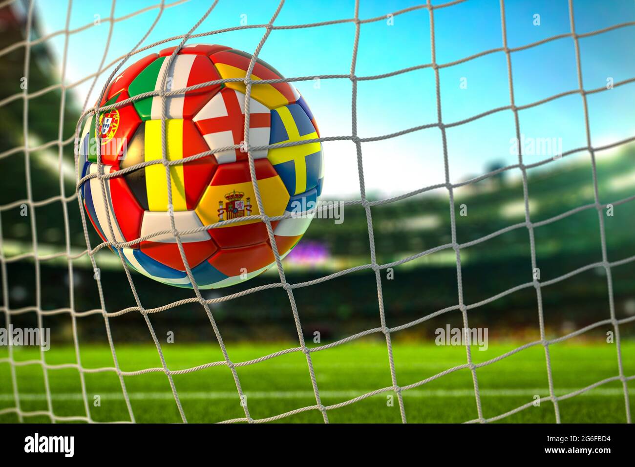 Soccer football ball with flags of european countries in the net of goal on football stadium. Euro championship 2021. 3d illustration. Stock Photo