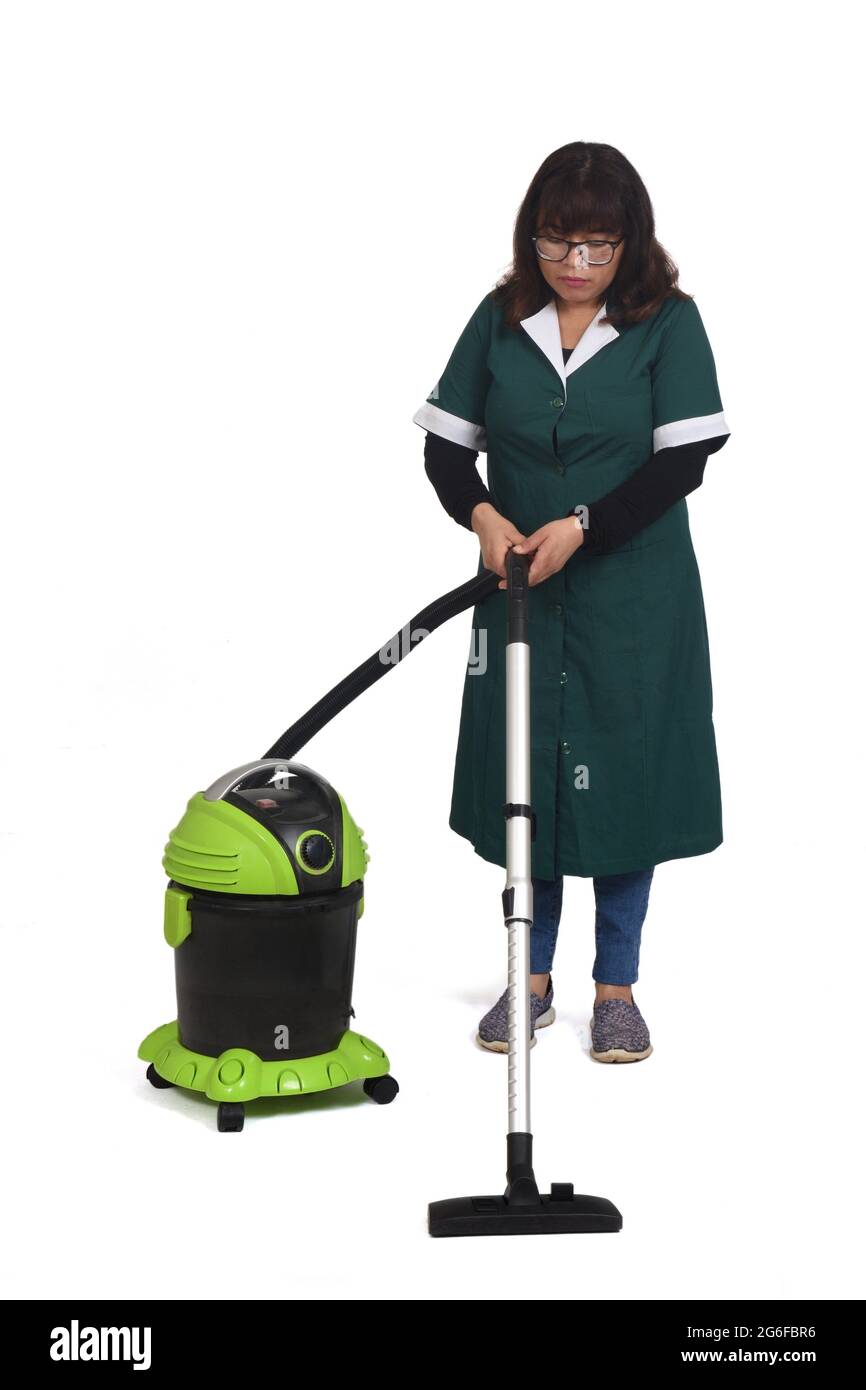 woman vacuuming on white background Stock Photo Alamy