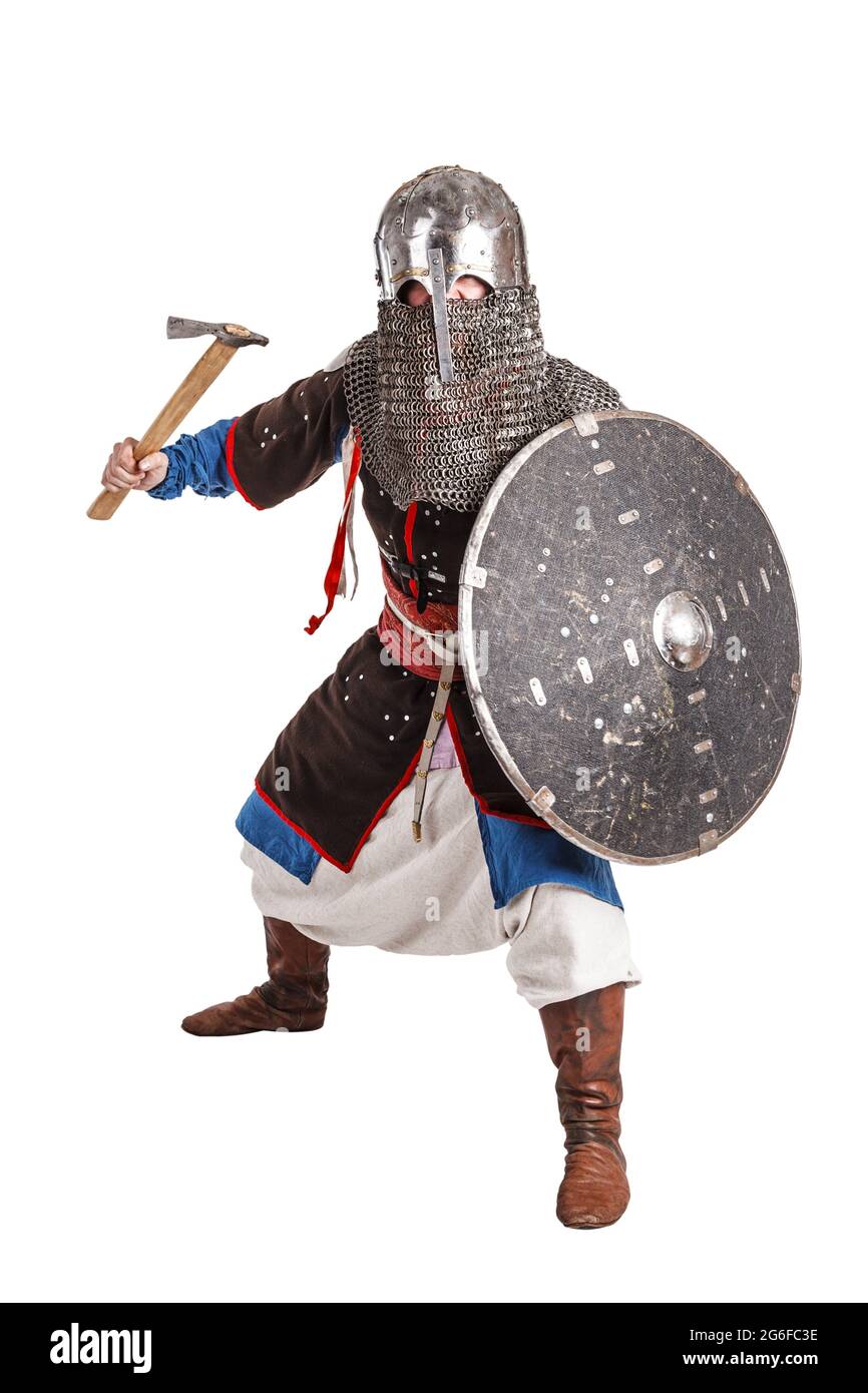 Mongol horde warrior in armour holding traditional axe. Stock Photo