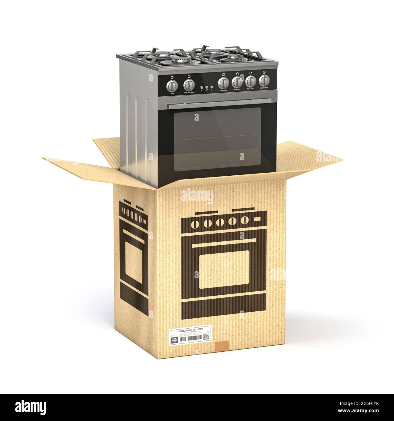 Gas cooker in cardboard box isolated on white. Household kitchen appliances purchasing online concept. 3d illustration. Stock Photo