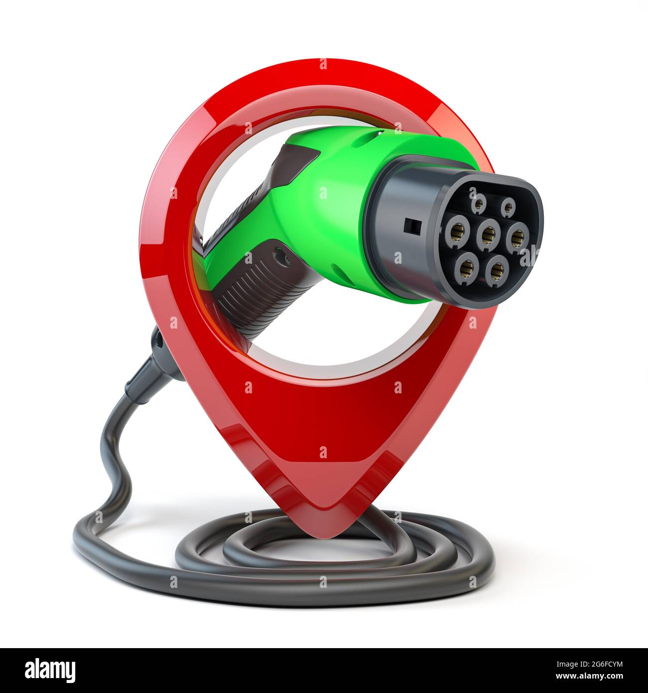 Electric car charging point location. Car charger power plug with pin isolated on white. 3d illustration. Stock Photo