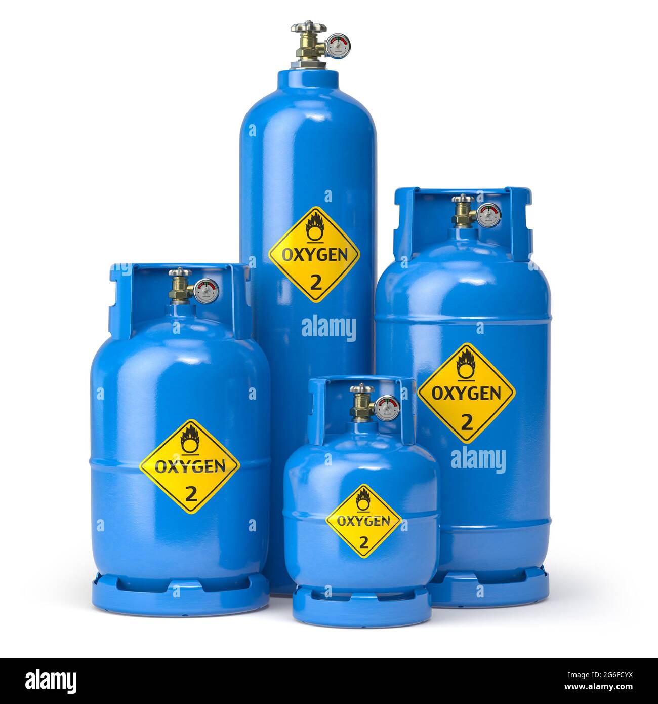 Oxygen gas tanks containers and cilinders of different size isolated on white. 3d illustration. Stock Photo