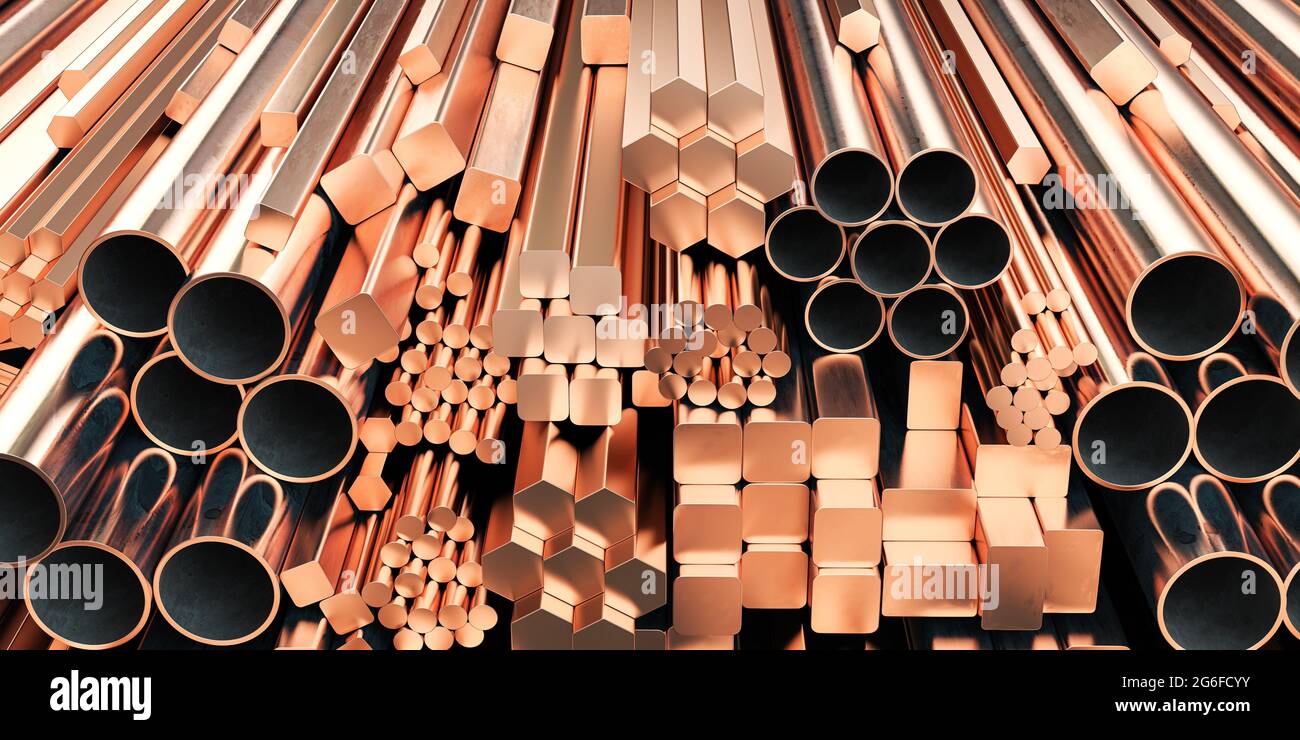 Copper tubes and different profiles in warehouse background. Different copper metal rolled products. 3d illustration. Stock Photo