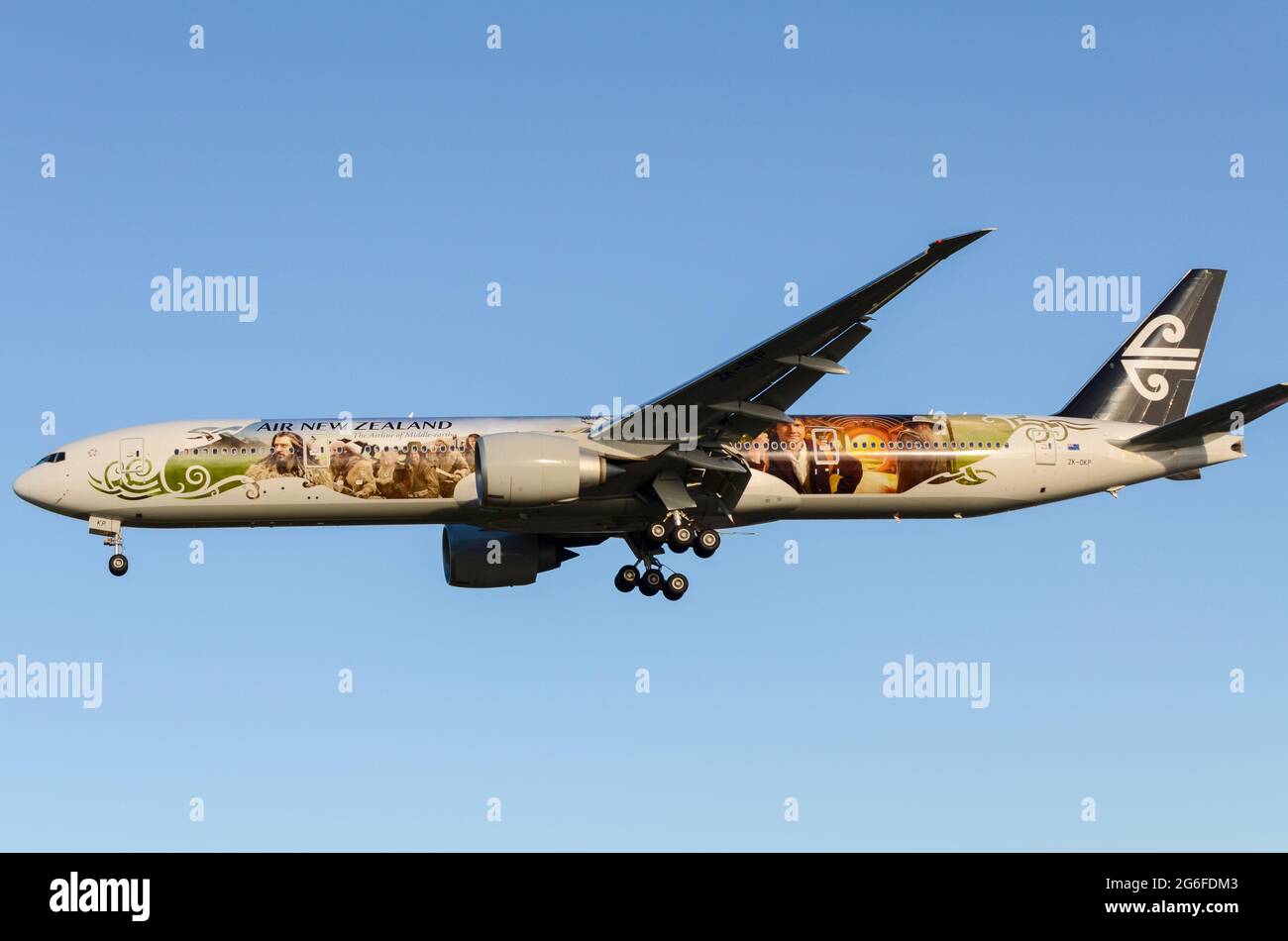 Air New Zealand Boeing 777 airliner jet plane landing at Heathrow with the special The Hobbit colour scheme promoting the Peter Jackson Tolkien film Stock Photo