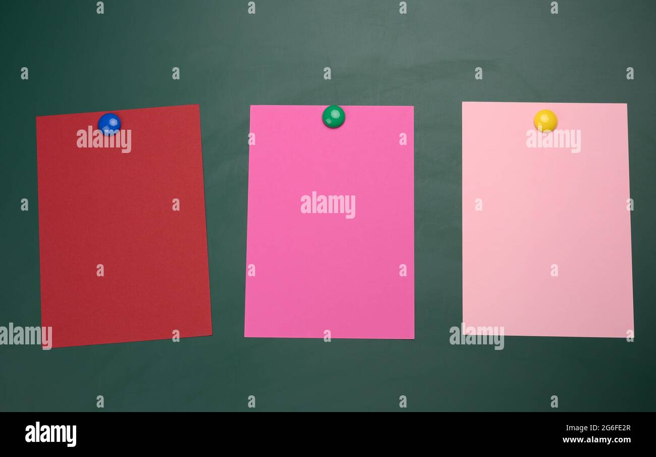 blank A4 cardboard sheets hanging on a green board. Place for