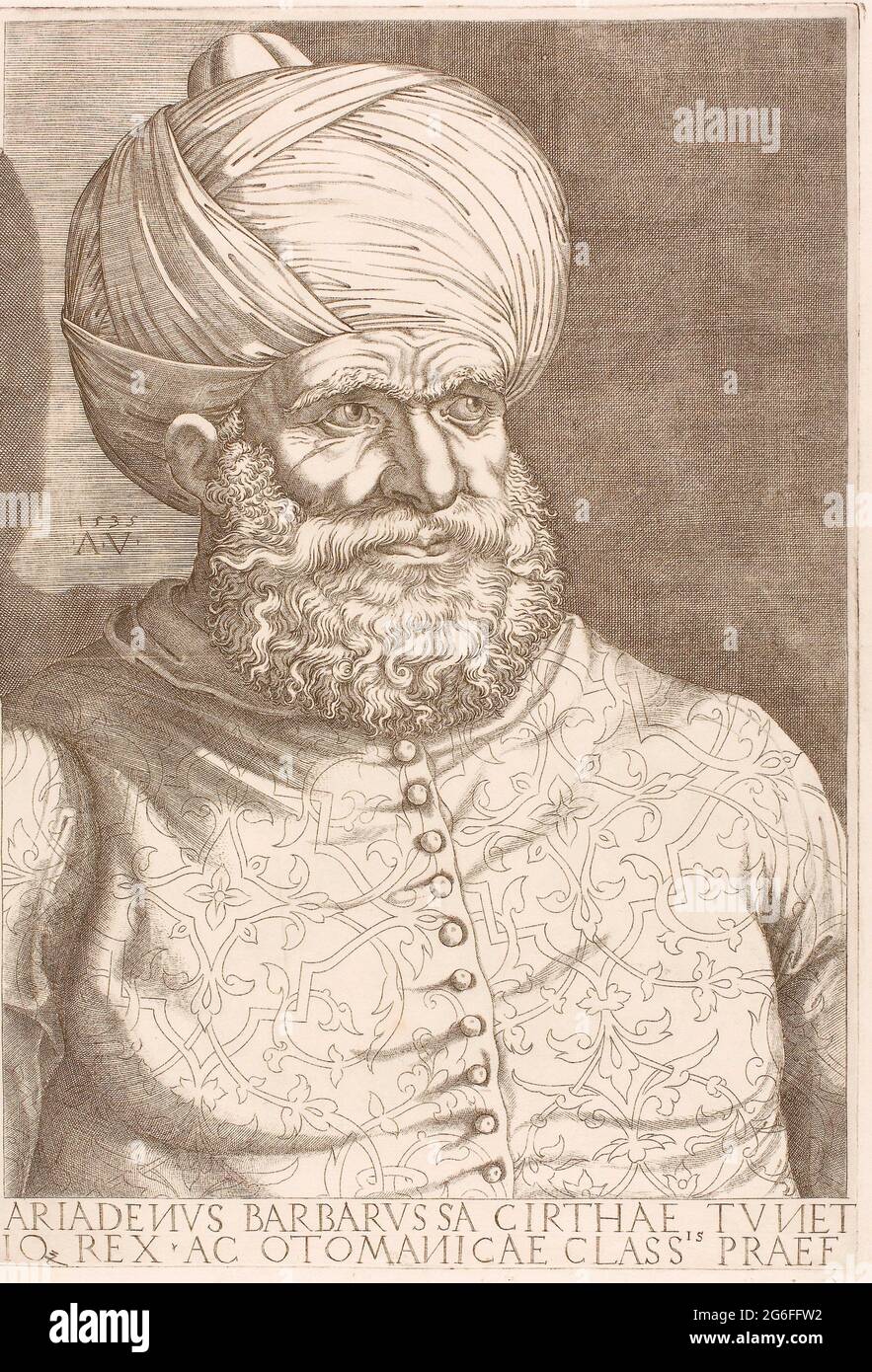 Agostino dei Musi. Portrait of Barbarossa - 1535 - Agostino dei Musi Italian, c. 1490-after 1536. Engraving in black on ivory laid paper. Italy. Stock Photo