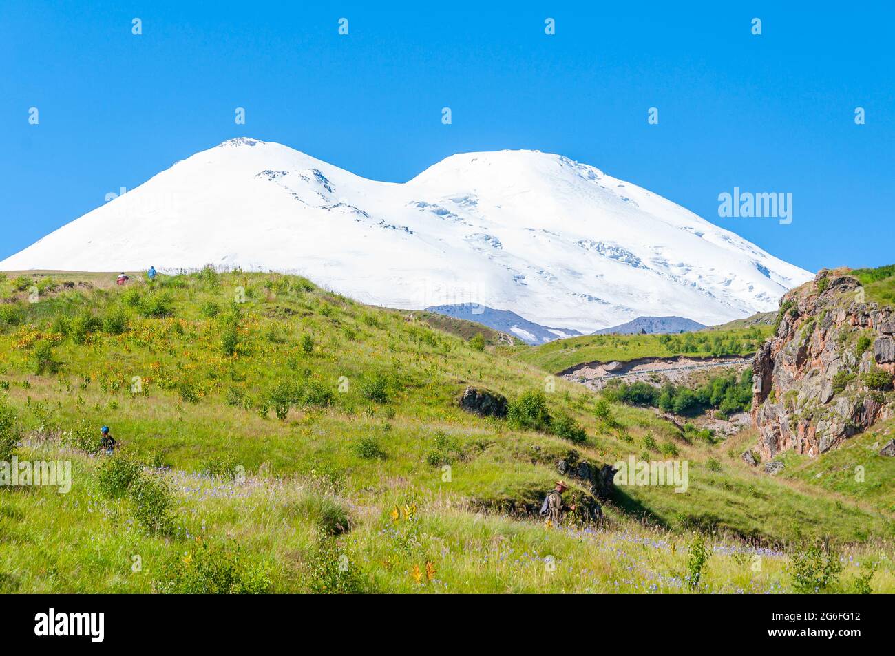Landscape with a View of Mount Elbrus, Kabardino-Balkar Republic. horizontal orientation. Summer on Elbrus Stock Photo