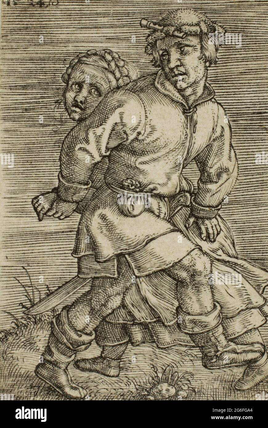 Barthel Beham. Peasant Couple Dancing - 1524 - Barthel Beham German, 1502-1540. Engraving in black on ivory laid paper. Germany. Stock Photo