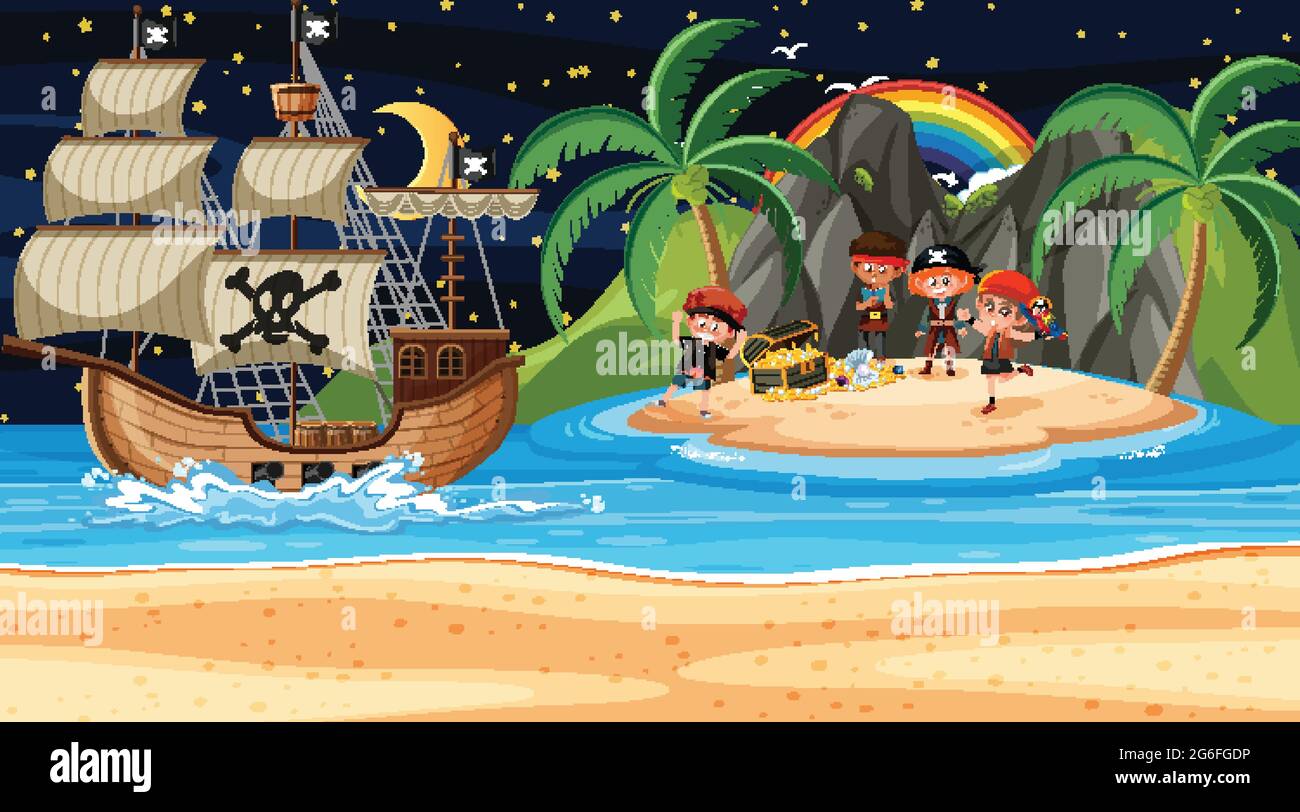 Treasure Island scene at night with Pirate kids illustration Stock ...