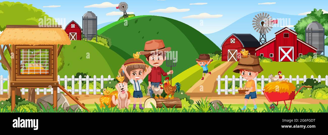 Farm horizontal landscape scene with children cartoon character ...