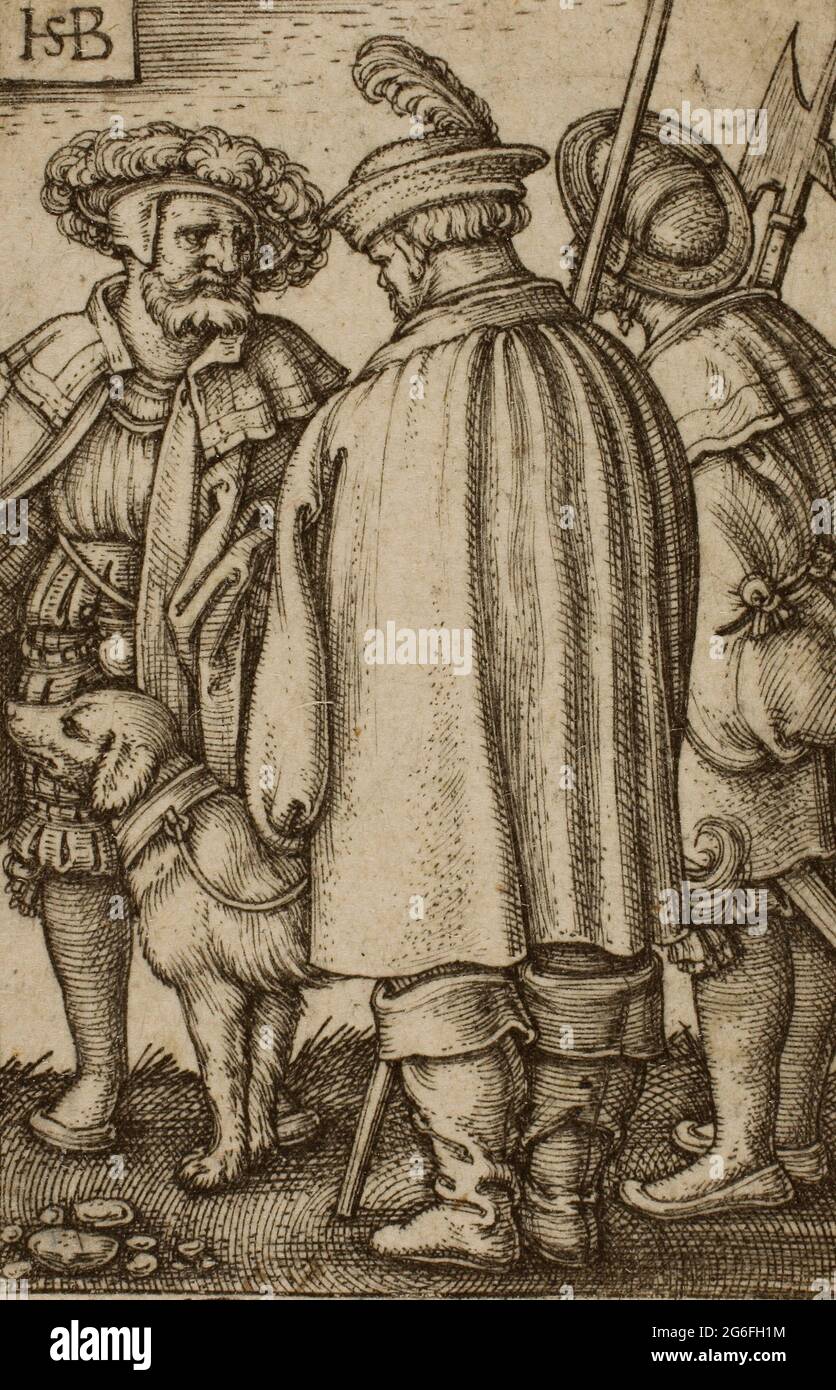 Hans Sebald Beham. Three Soldiers and a Dog - Sebald Beham German, 1500-1550. Engraving in black on ivory laid paper. 1520 - 1551. Germany. Stock Photo