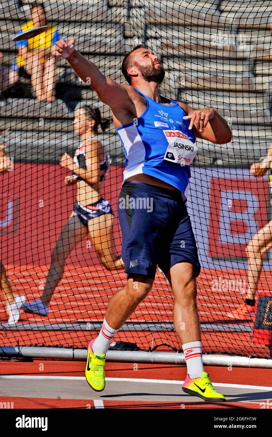 Daniel Jasinski (GER) places fifth in the discus with a throw of 212-3 (64.70m) at the Bauhaus Galan at Olympiastadion, Sunday, July 4, 2021, in Stock Stock Photo