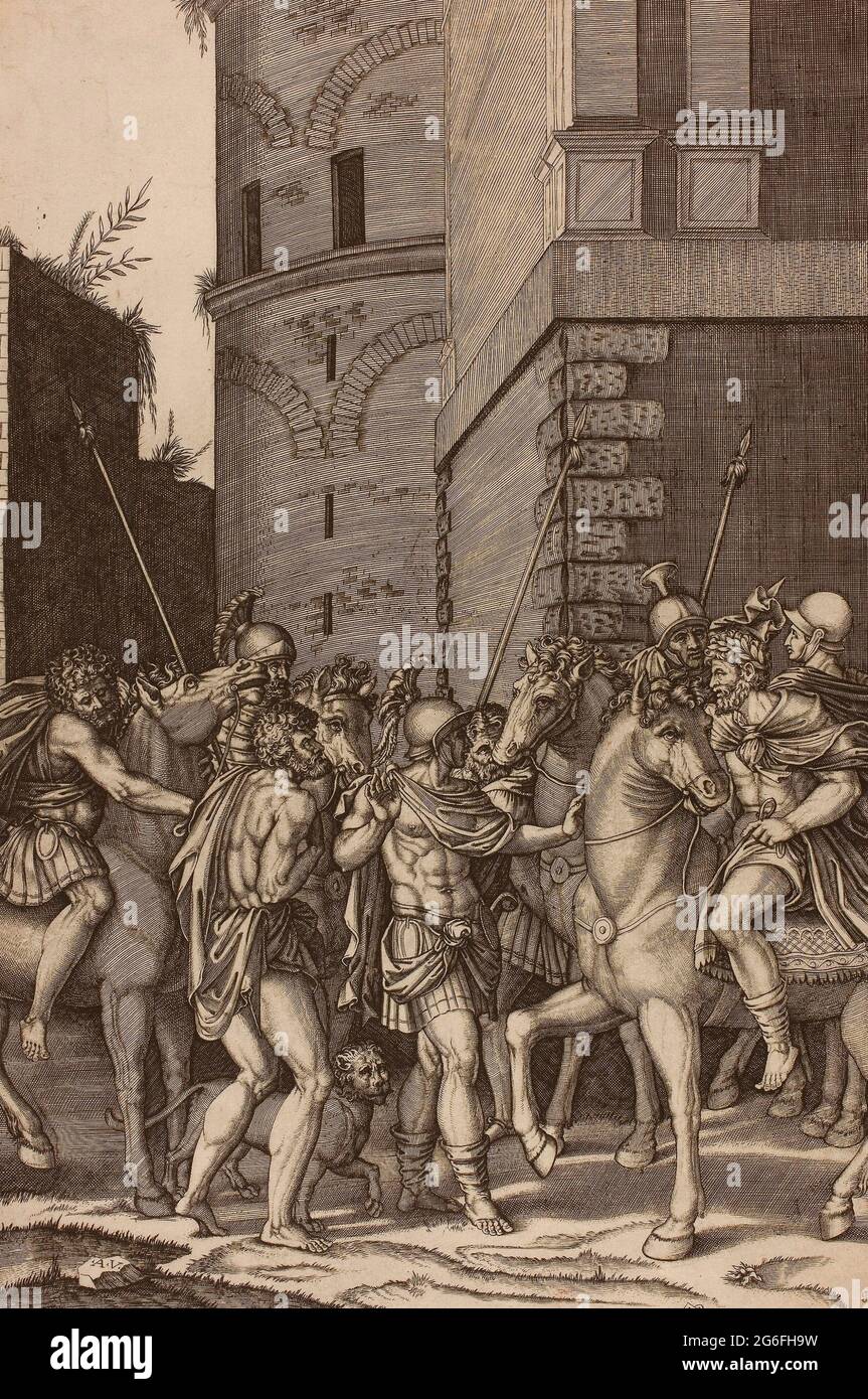 Agostino dei Musi. Emperor Freeing the Slave Androcles - 1516/17 - Agostino dei Musi Italian, c. 1490-after 1536. Engraving in black on ivory laid Stock Photo