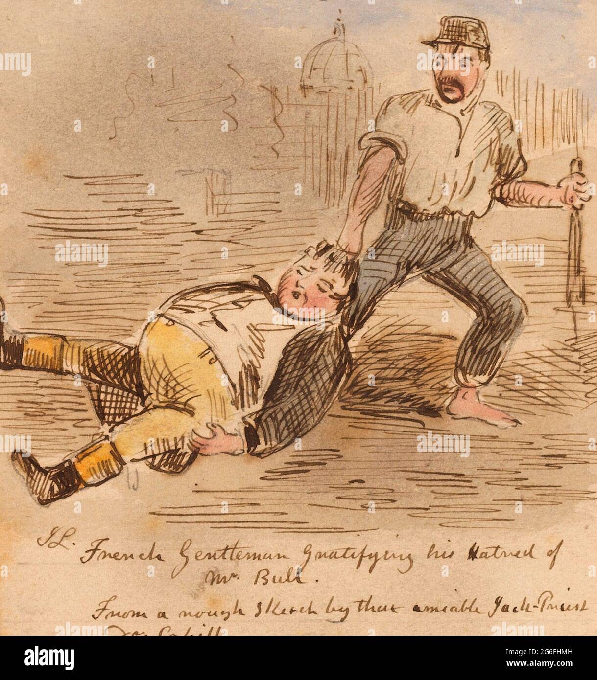 John Leech. French Gentleman Gratifying His Hatred of Mr. Bull - John Leech English, 1817-1864. Watercolor and pen and brown ink, over graphite, on Stock Photo