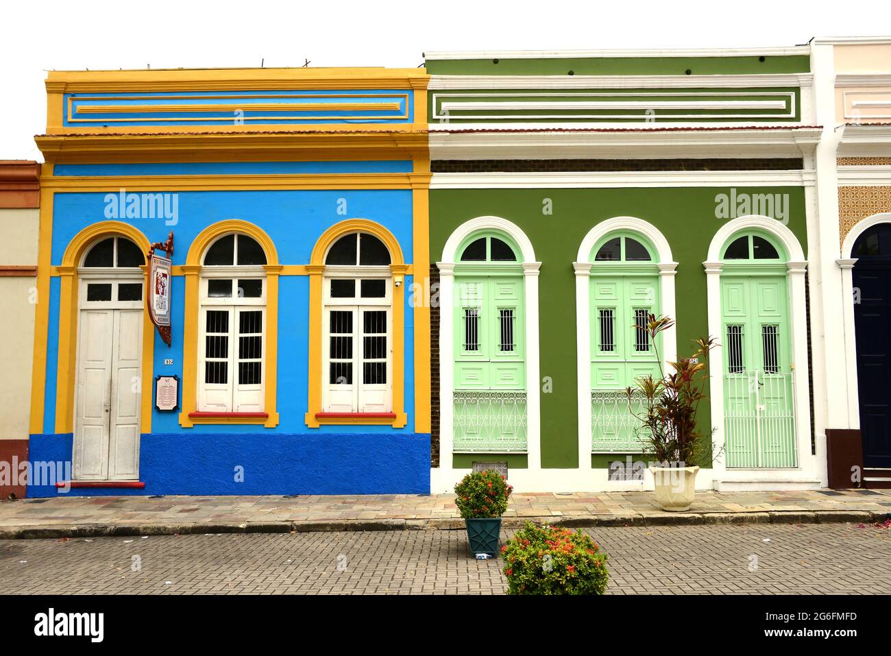 Colorful houses on Praca do Teatro (Theater Square). Manaus, Brazil. Stock Photo