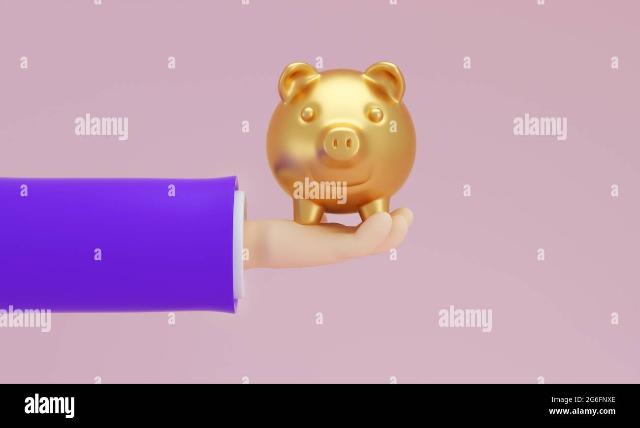 Golden pig bank in a man's hand. Saving concept. 3d rendering. Stock Photo