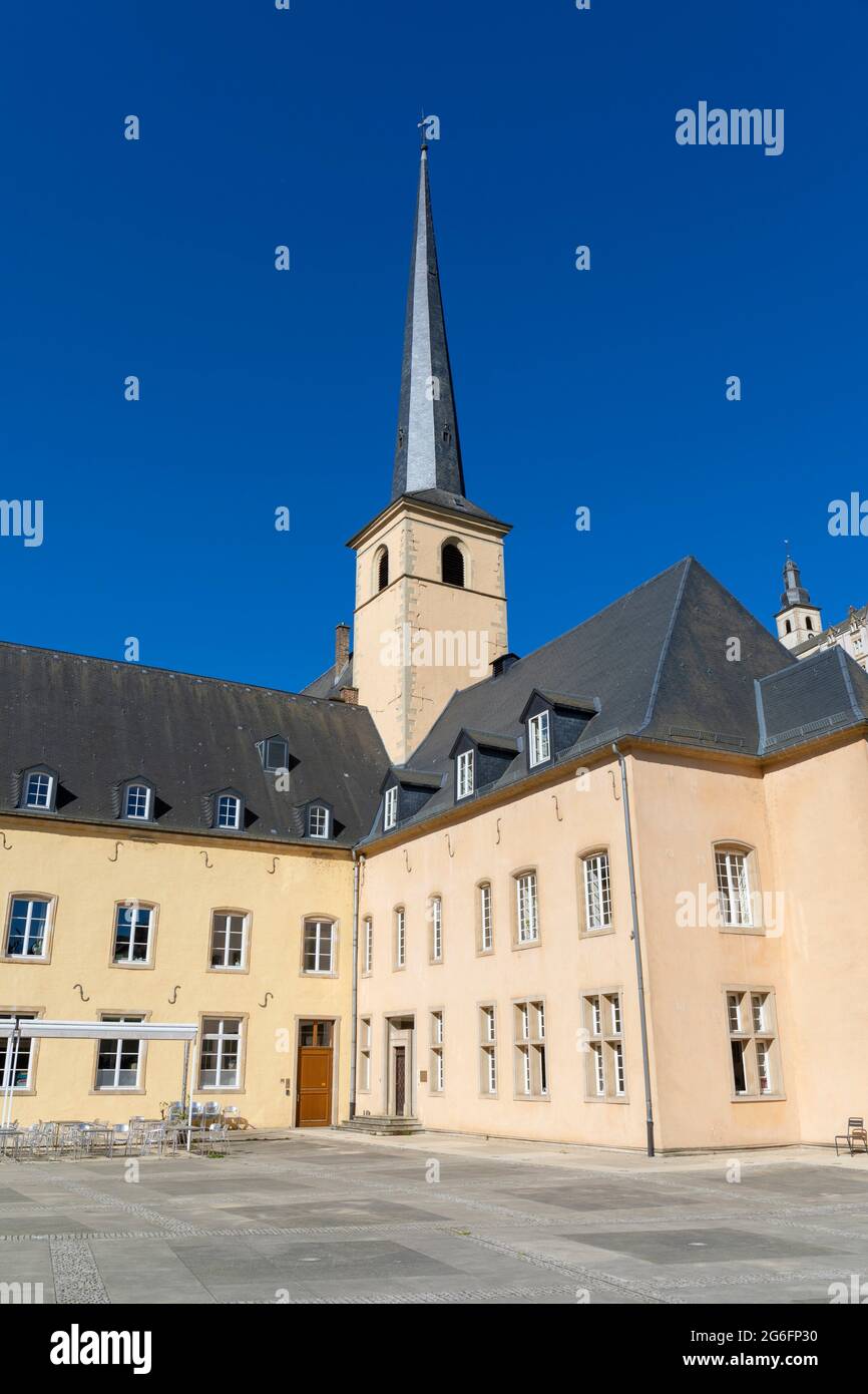 Europe, Luxembourg, Luxembourg City, Church of Saint John in Grund and the Neimënster Cultural Centre. Stock Photo
