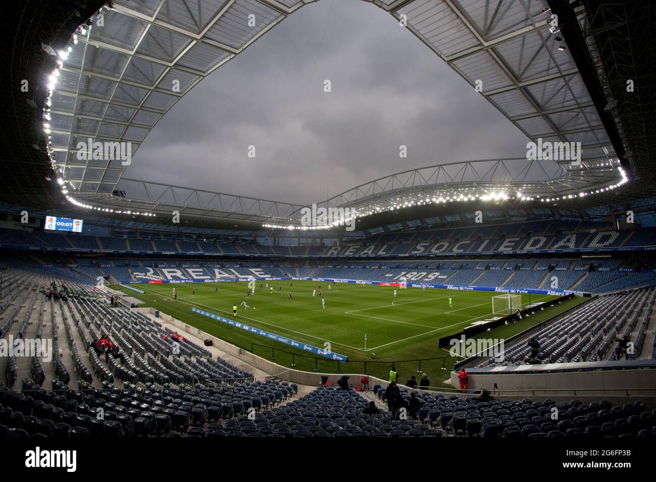 The Anoeta (Reale Arena) stadium, empty due to COVID, during a match of the Real Sociedad. San Sebastian, Spain. Stock Photo