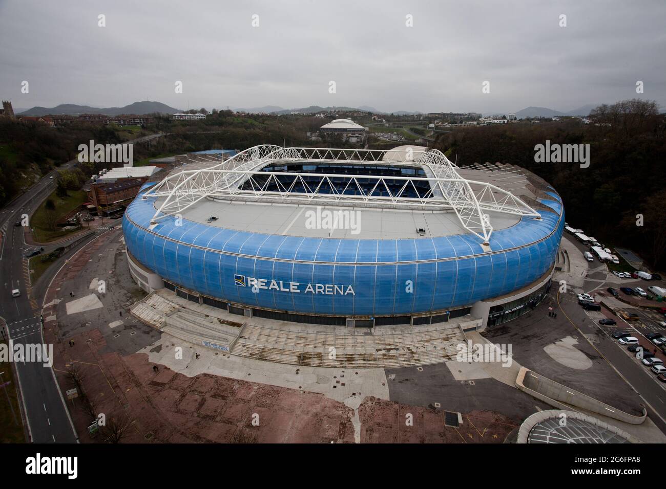 Aerial view of the Anoeta (Reale Arena) stadium, before a match of the Real Sociedad. San Sebastian, Spain. Stock Photo