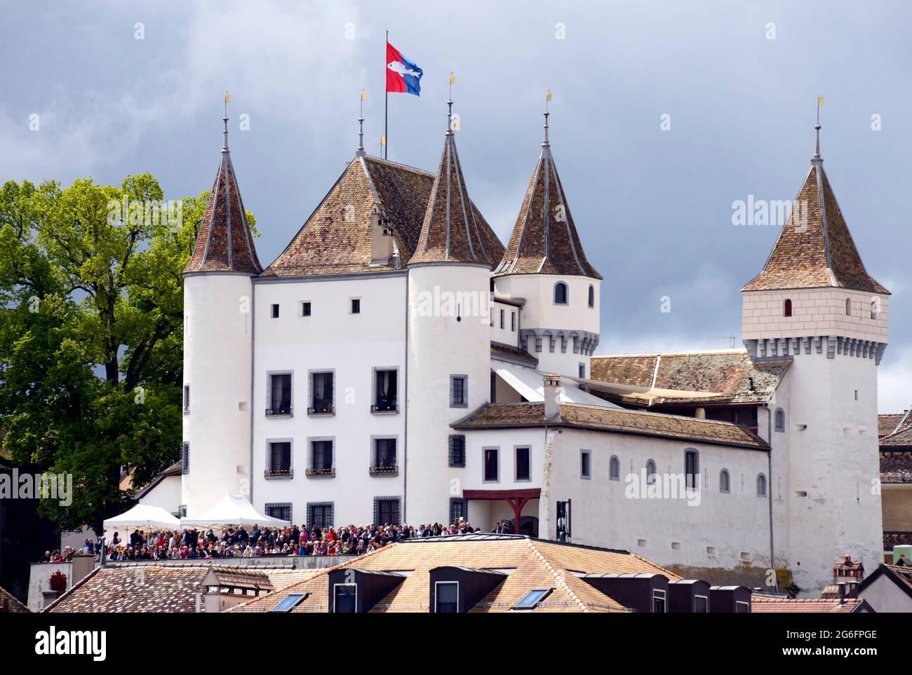 Nyon Castle (1272) - Swiss Cultural Property of National Significance, Castle was originally fortified house built by Cossonay-Prangins family, Stock Photo
