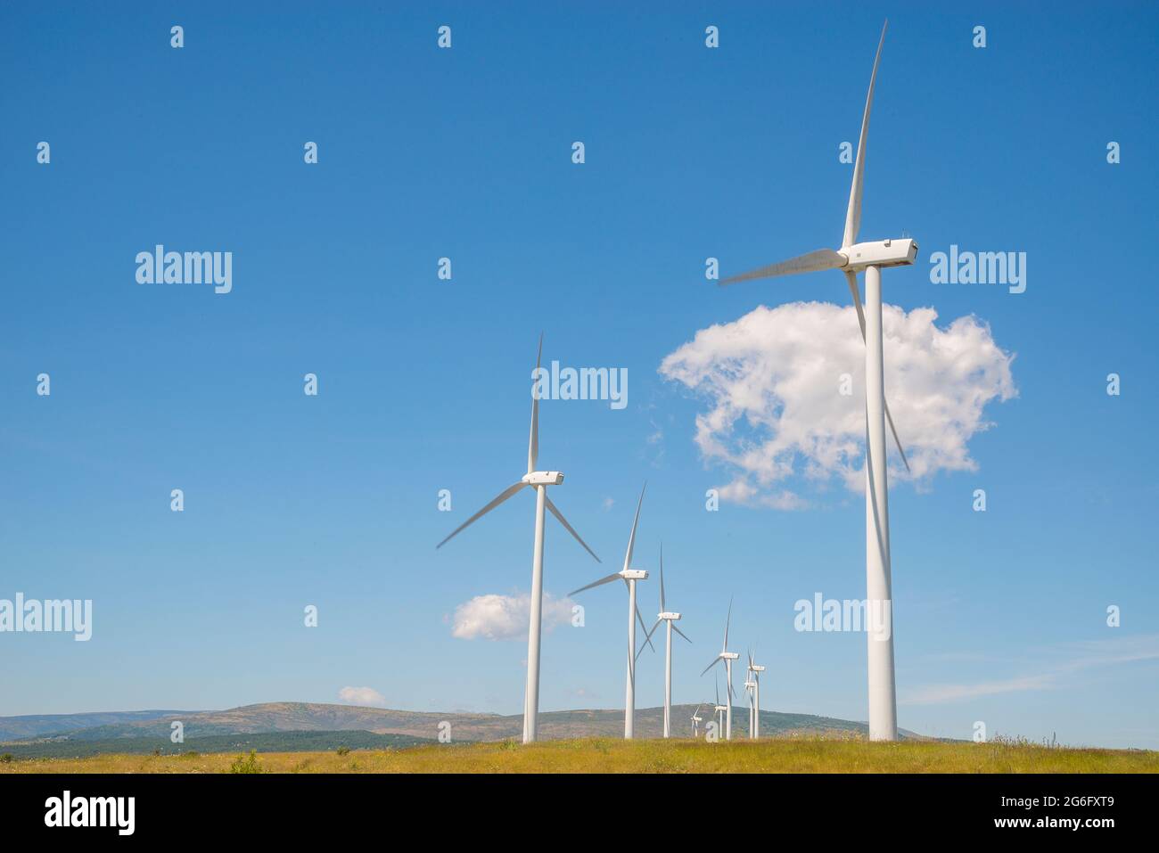 Wind farm. Sierra de Pela, Guadalajara province, Castilla La Mancha, Spain. Stock Photo
