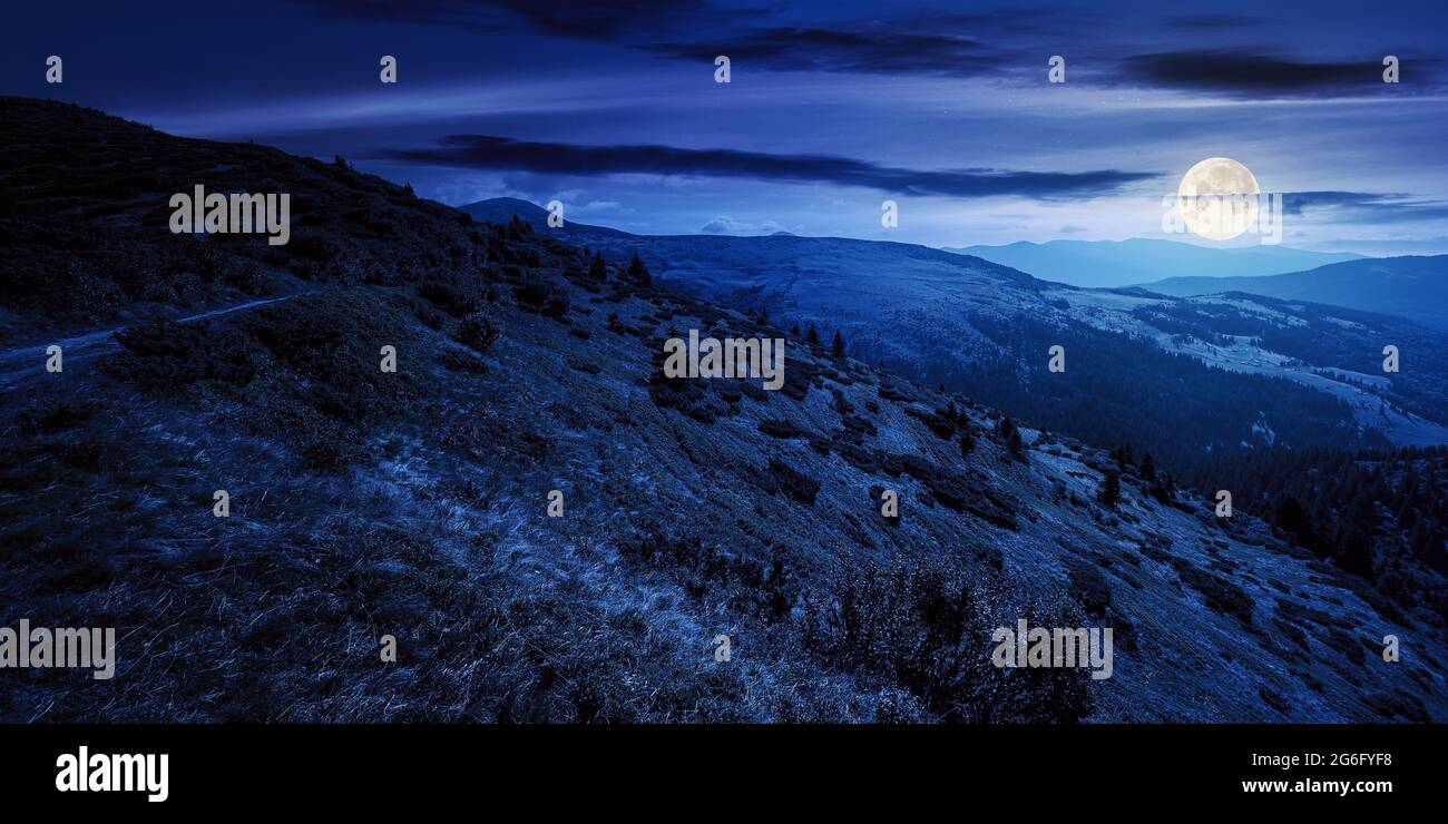 carpathian mountain landscape at night. beatiful scenery with green rolling hills in full moon light beneath a clouds on a dark sky in summer. popular Stock Photo