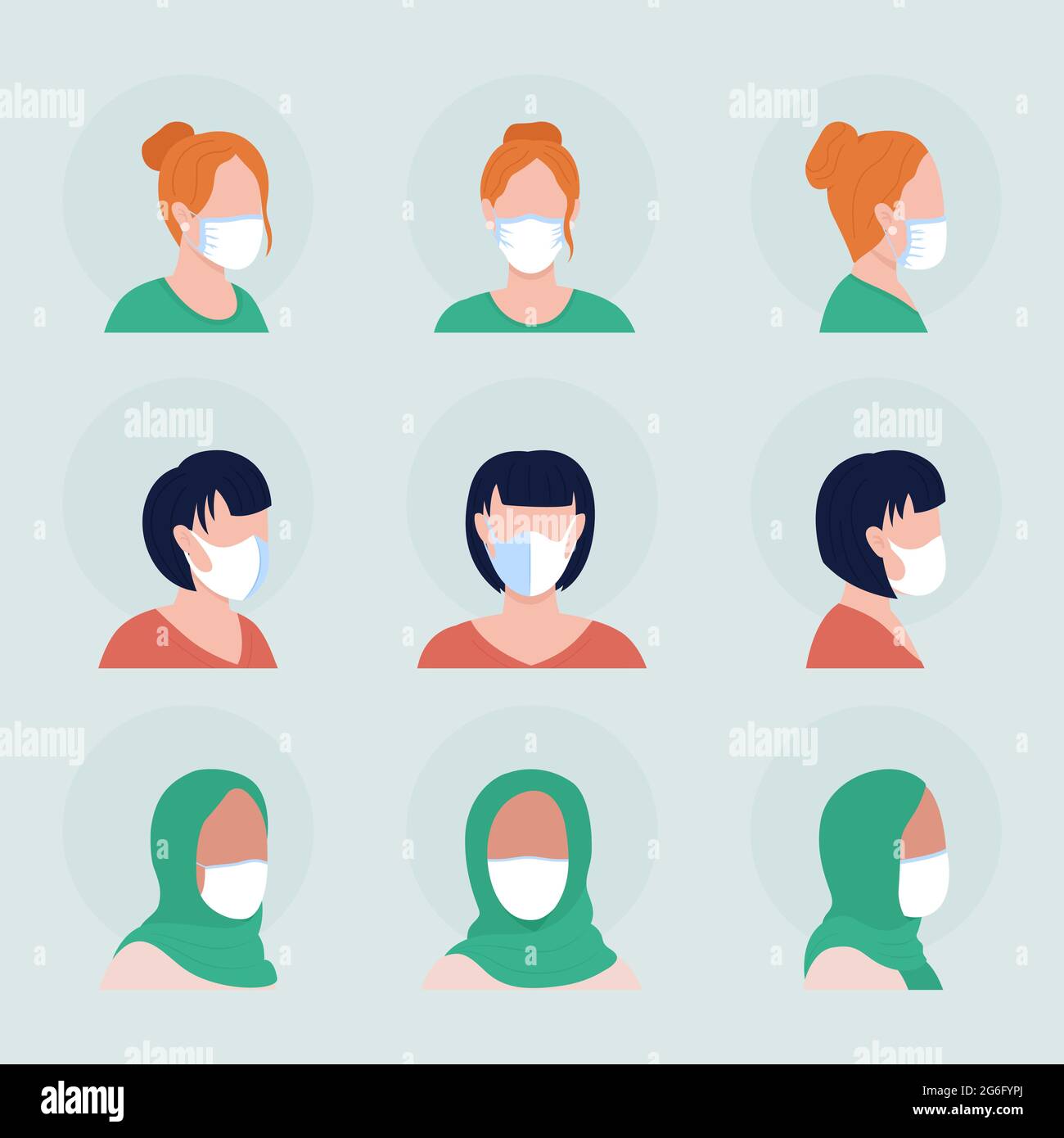 Women with white masks semi flat color vector character avatar set