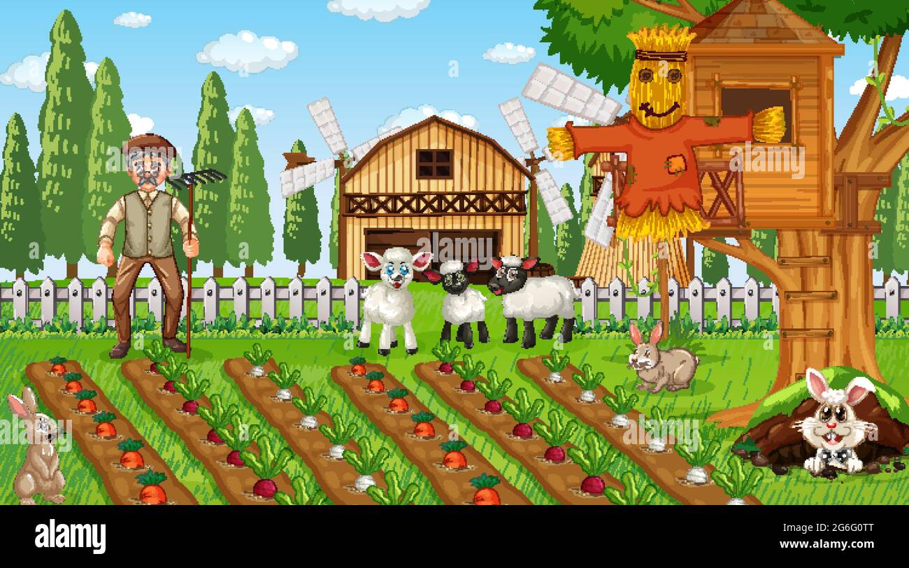 Farm scene at daytime with old farmer man and cute animals illustration ...