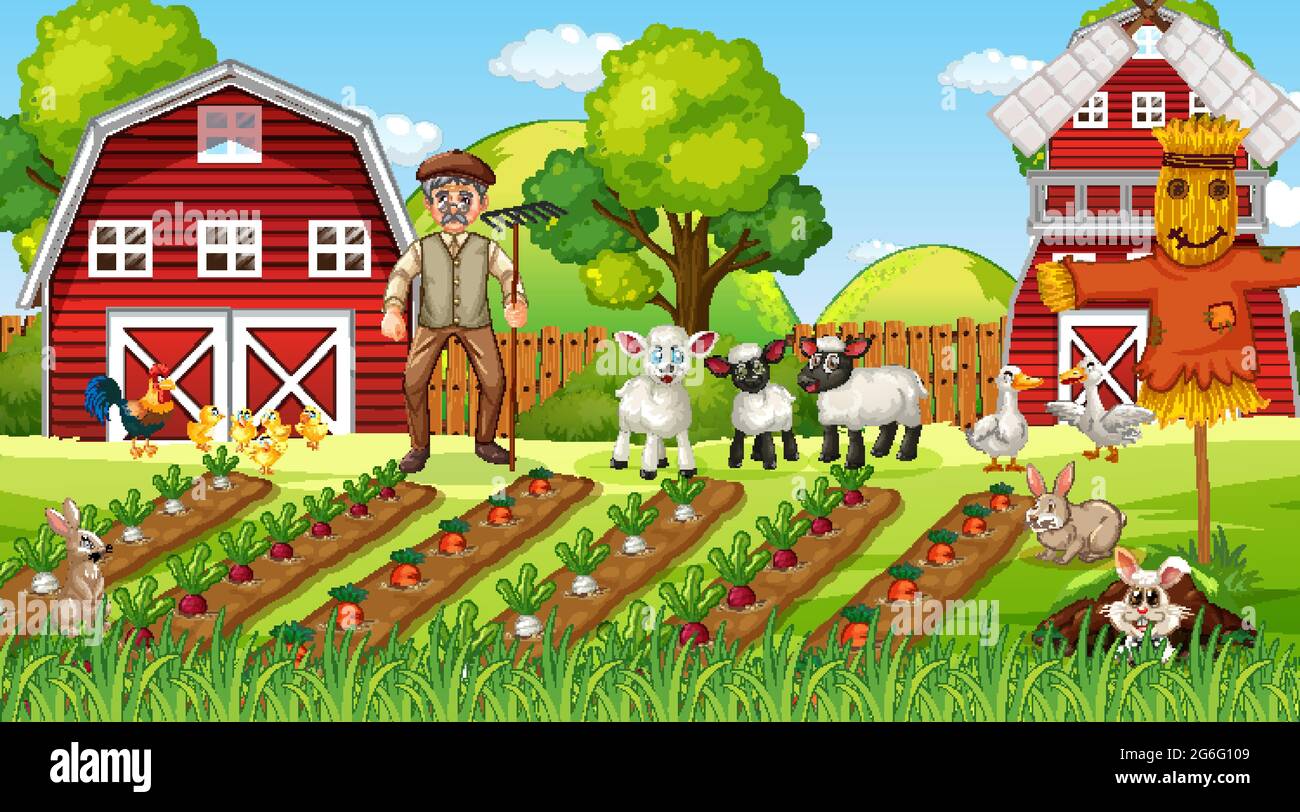 Farm scene at daytime with old farmer man and cute animals illustration ...