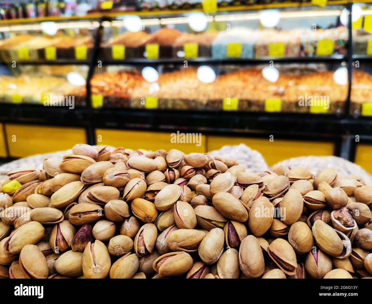 Close-up pine nuts. Grocery shopping. Stock Photo