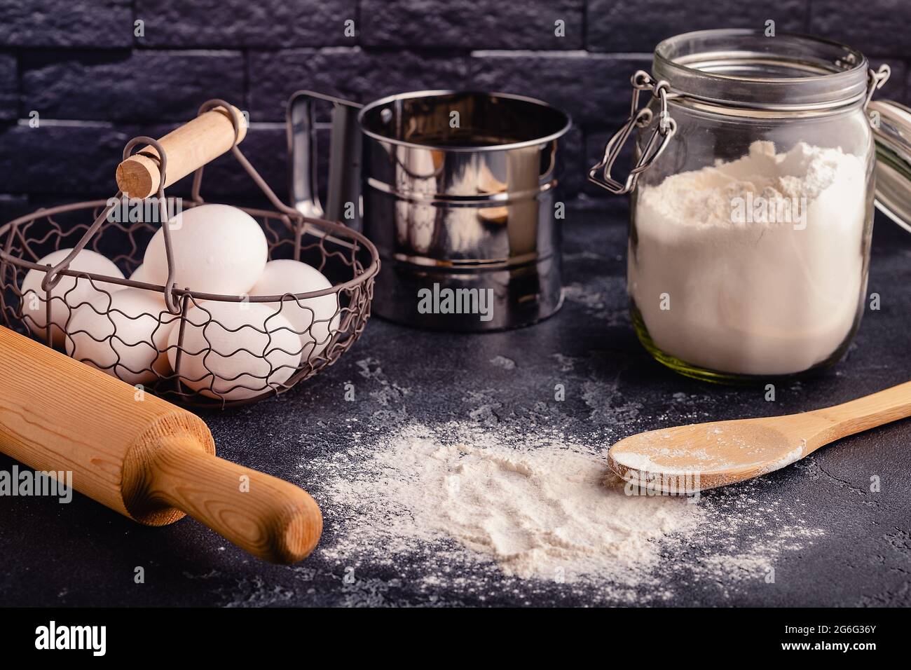 Table with baking products and tools. Culinary, baking concept Stock ...
