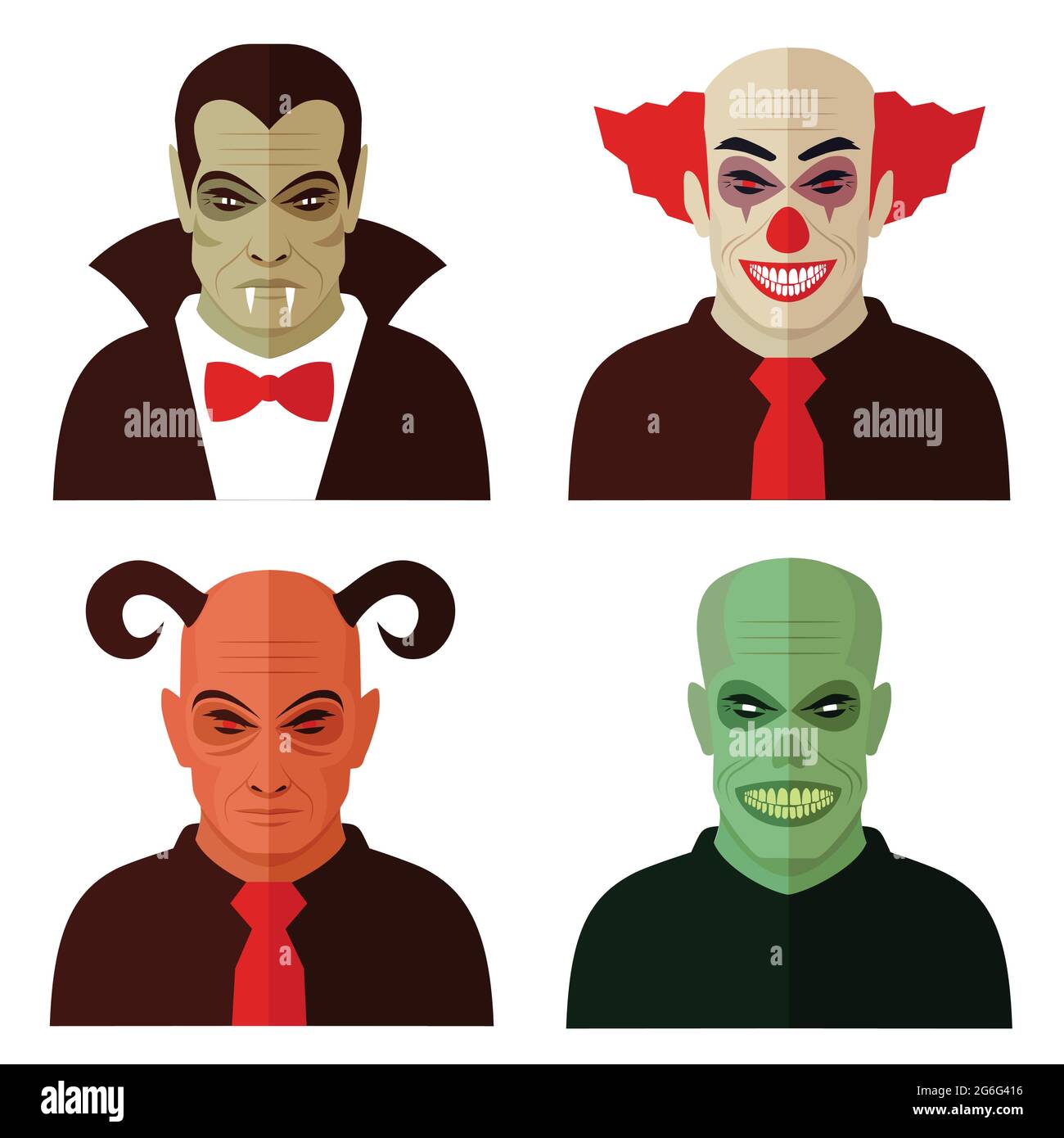 cartoon horror characters, evil clown, scary devil, creepy zombie, dracula vampire Stock Vector