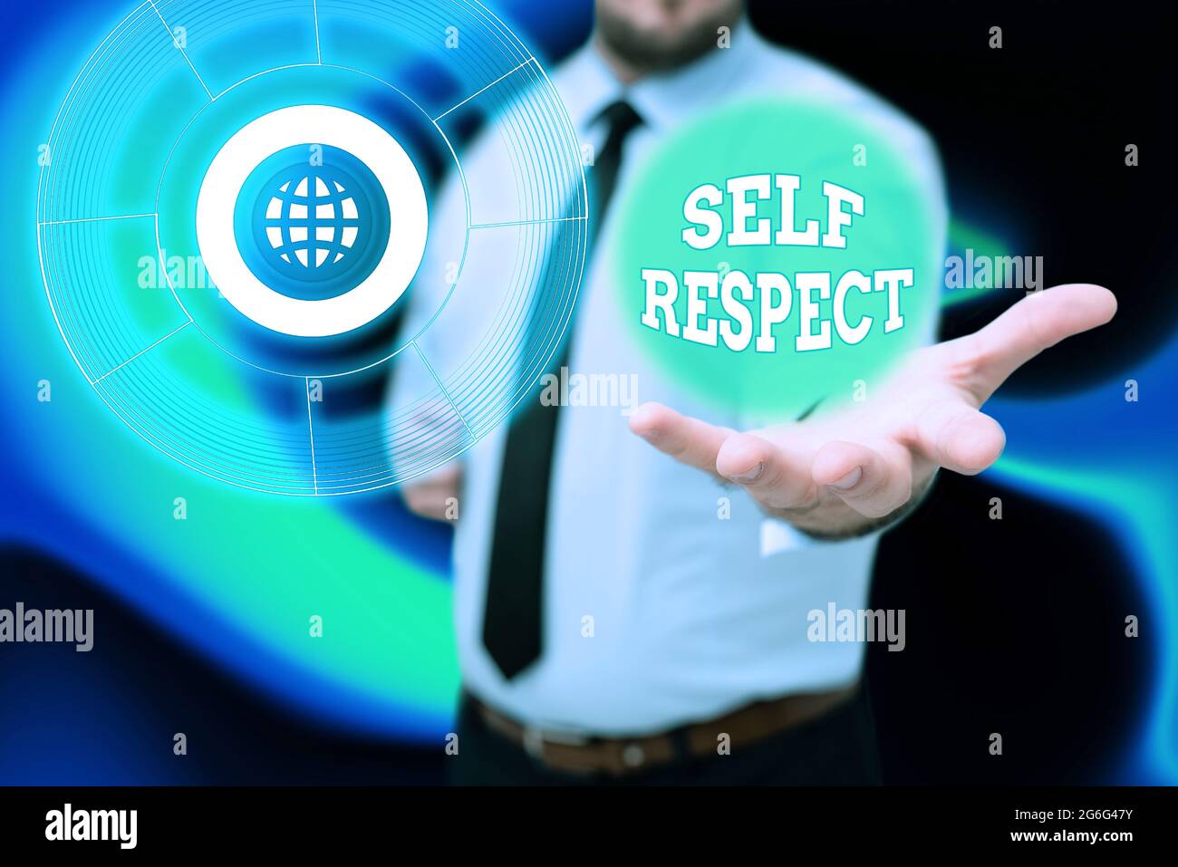 Conceptual caption Self Respect. Word for Pride and confidence in oneself Stand up for yourself Gentelman Uniform Standing Holding New Futuristic Stock Photo